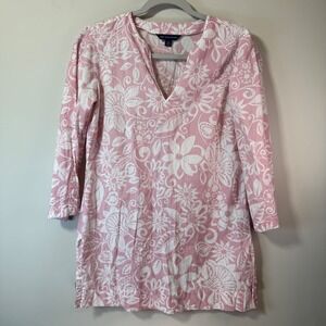 Brooks Brothers Tunic Top Womens XS Pink Good Floral Sequin Split Neck Cotton